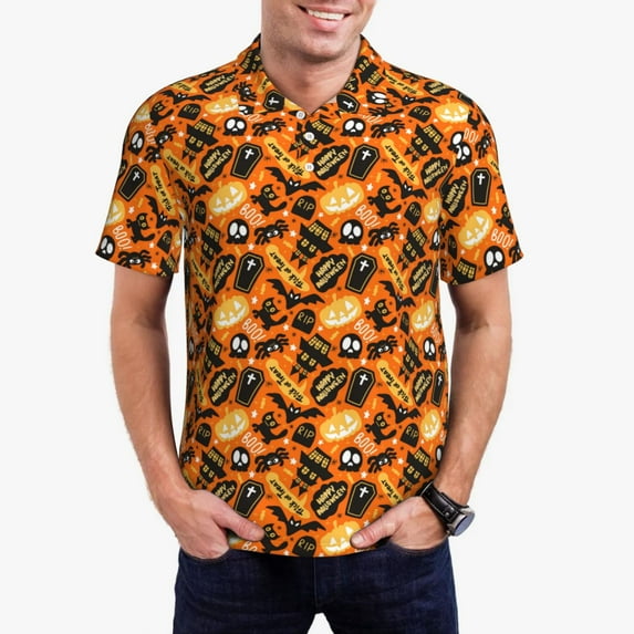 Rocae Happy Halloween1 for Men's Short Sleeve Polo Shirt, Quick Drying Performance Moisture Wicking Sports Men's Golf Shirt-X-Large