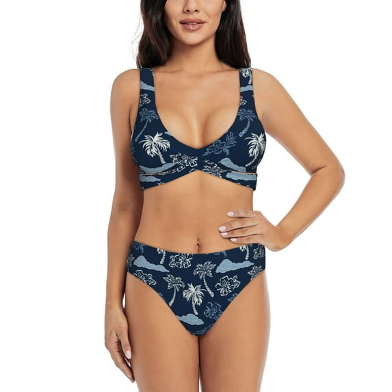 Rocae Hawaii Palms for Bikini Set for Women Two Piece Sexy High Swimsuits Split Crossover Bikini