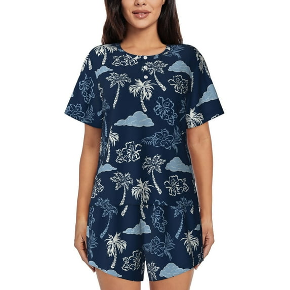 Rocae Hawaii Palms for Two Piece Sleepwear Pajamas Sets for Women Soft Short-Sleeved Pjs with Lounge Shorts 3X-Large