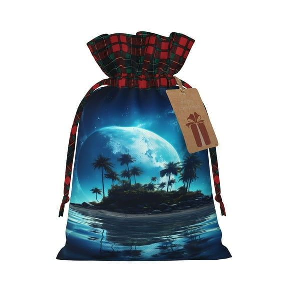 Rocae Hawaiian Beach Pirate Moon Print Christmas Drawstring Linen Gift Bag with Drawstrings Treat Bag Goody Present Bags for Christmas Party Favor