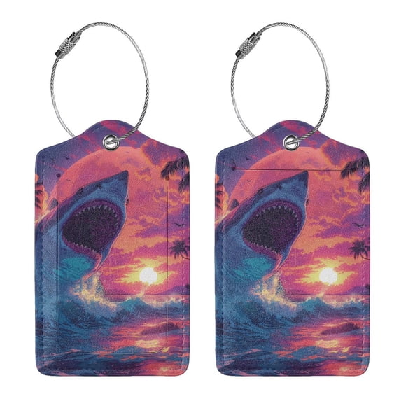 Rocae Hawaiian Island Beach Shark for Leather Luggage Baggage Tags ID Label Privacy Cover ID Label with Stainless Steel Loop and Address Card