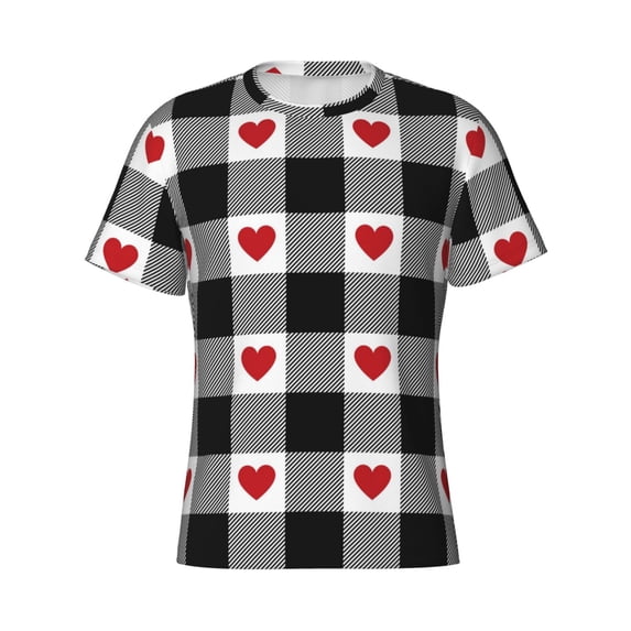 Rocae Heart Black Buffalo Plaid Gingham for Men's Moisture-Wicking Crew Tee - T-Shirt for Sports, Outdoor Activities, and Casual Wear3X-Large