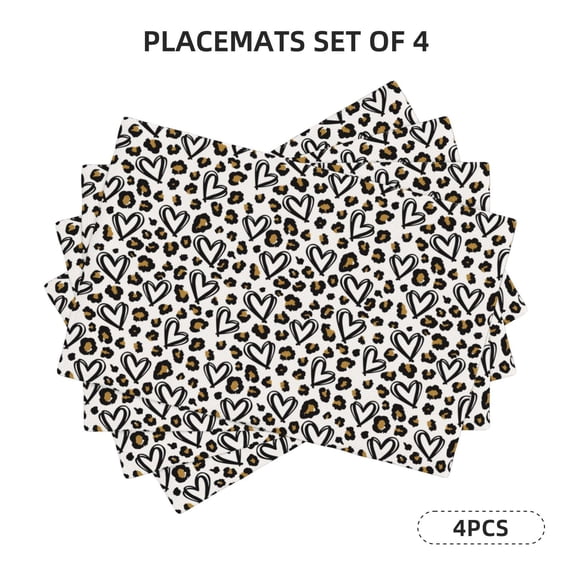 Rocae Heart Leopard Printed Heat Resistant Place Mats,Classic Hemstitch Cloth Fabric Placemats Imitation Linen Place Mat Table Mats 18x12 inch