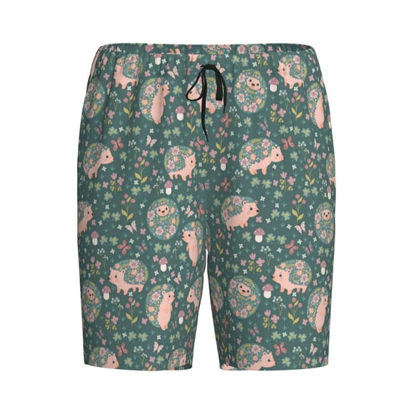 Rocae Hedgehogs and Flowers for Men's Soft Sleep Pajama Shorts, Waistband and Pockets