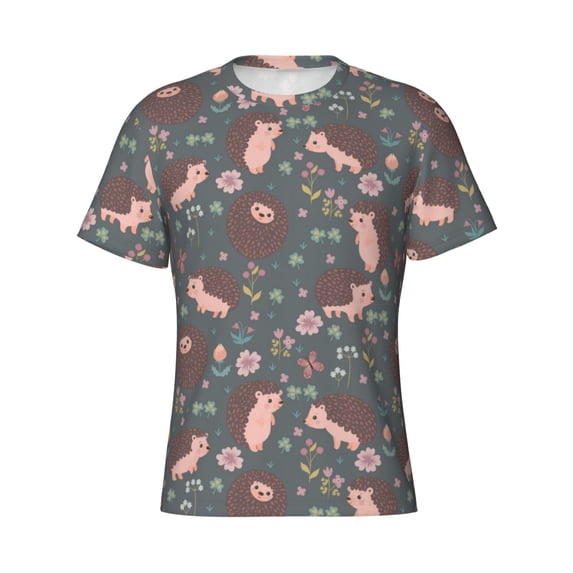 Rocae Hedgehogs and Flowers1 for Men's Moisture-Wicking Crew Tee - T-Shirt for Sports, Outdoor Activities, and Casual Wear3X-Large