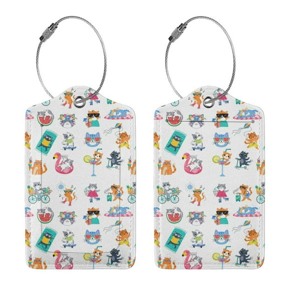 Rocae Hello Summer Cat for Leather Luggage Baggage Tags ID Label Privacy Cover ID Label with Stainless Steel Loop and Address Card
