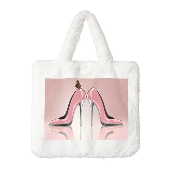Rocae High Heel Shoes Butterfly or Plush Underarm Bag White Furry Purse Handbag for Autumn and Winter