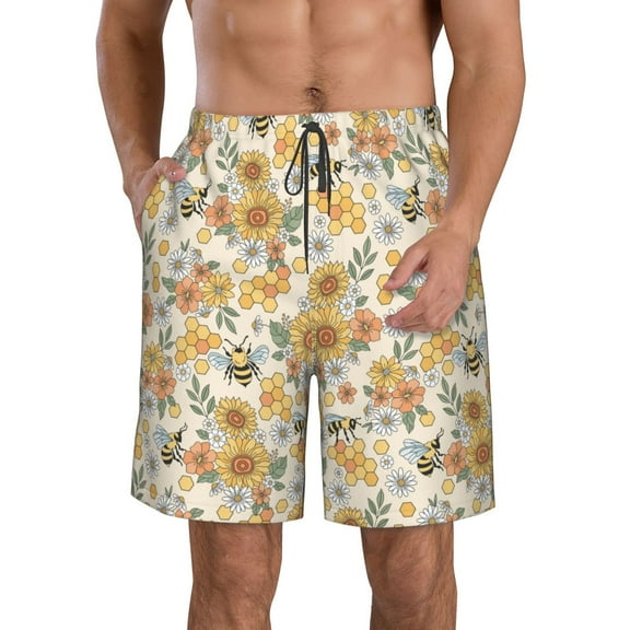 Rocae Hippie Bee Honeycomb for Men's Beach Shorts Casual Elastic Waist Drawstring Summer Beach Shorts,S-3XL-Medium
