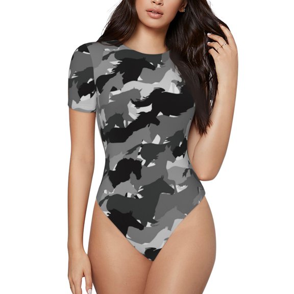 Rocae Horse Silhouette for One Piece Round Neck Short Sleeve Bodysuits for Women Casual Basic Bodysuit Daily Jumpsuit T Shirts-XX-Large