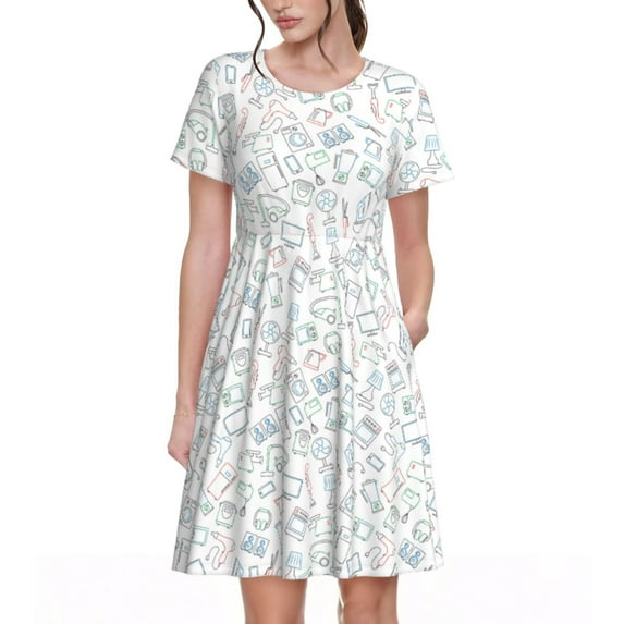 Rocae Household Appliances for Dresses Summer Casual Ruffle Short Sleeve Cute Crew Neck Flowy Dress with Pockets