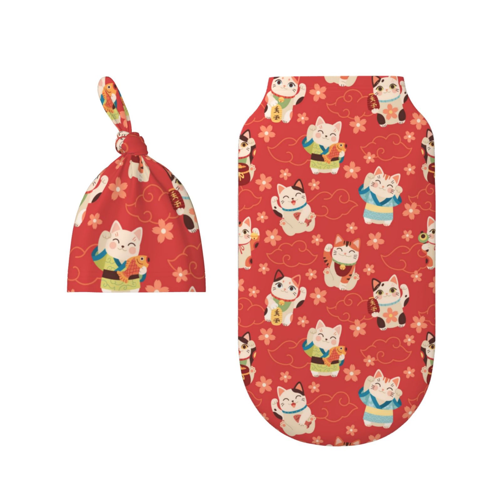 Rocae Japanese Maneki Cats for Baby Swaddle Blanket with Hats Set for