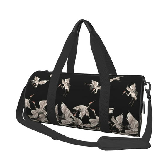 Rocae Japanese White Crane Print Round Travel Duffel Bag and Fitness Bag, Women's Waterproof Weekend Tote, Men's Travel and Fitness Essentials