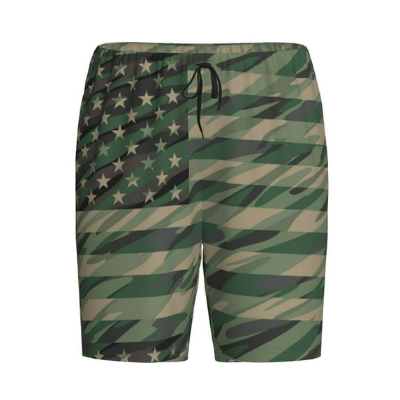 Rocae Jungle Green Camo USA Flag for Men's Soft Sleep Pajama Shorts, Waistband and Pockets