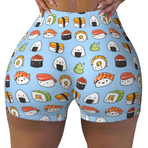 Rocae Kawaii Sushi (2) for Women's Quick-Dry Running Shorts,Ladies Active Athletic Apparel Yoga Workout Gym Running Volleyball Spandex Shorts Medium