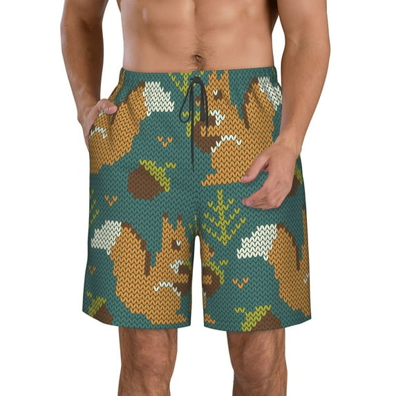 Rocae Knitted Woodland Squirrel for Men's Beach Shorts Casual Elastic Waist Drawstring Summer Beach Shorts,S-3XL-XX-Large