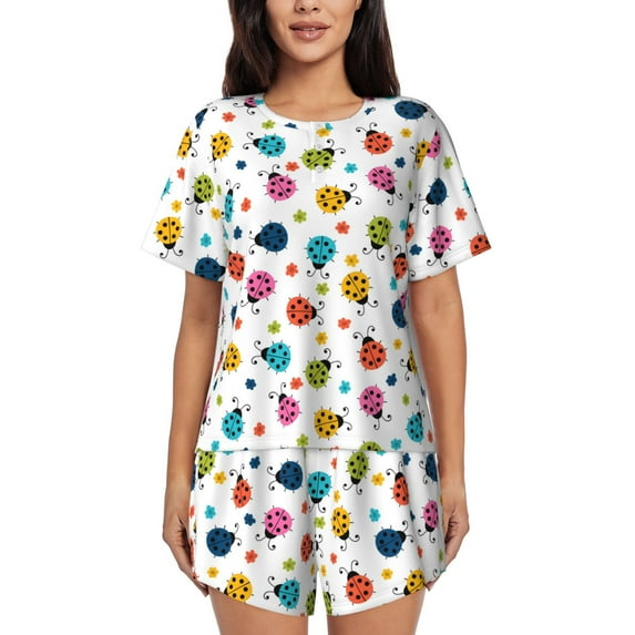 Rocae Ladybugs And Flowers for Two Piece Sleepwear Pajamas Sets for Women Soft Short-Sleeved Pjs with Lounge Shorts -X-Large