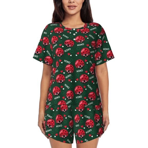 Rocae Ladybugs In Love for Two Piece Sleepwear Pajamas Sets for Women Soft Short-Sleeved Pjs with Lounge Shorts -Large