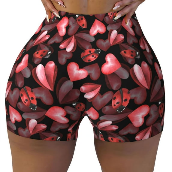 Rocae Ladybugs and Red Hearts for Women's Quick-Dry Running Shorts,Ladies Active Athletic Apparel Yoga Workout Gym Running Volleyball Spandex Shorts X-Large