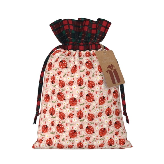 Rocae Ladybugs With Heart Spots Print Christmas Drawstring Linen Gift Bag with Drawstrings Treat Bag Goody Present Bags for Christmas Party Favor