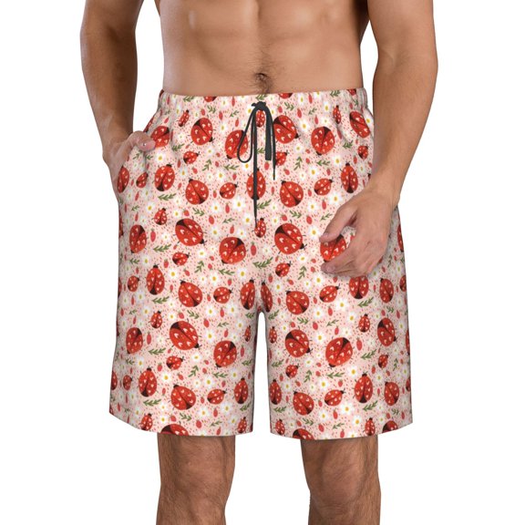 Rocae Ladybugs With Heart Spots for Men's Beach Shorts Casual Elastic Waist Drawstring Summer Beach Shorts,S-3XL-Medium