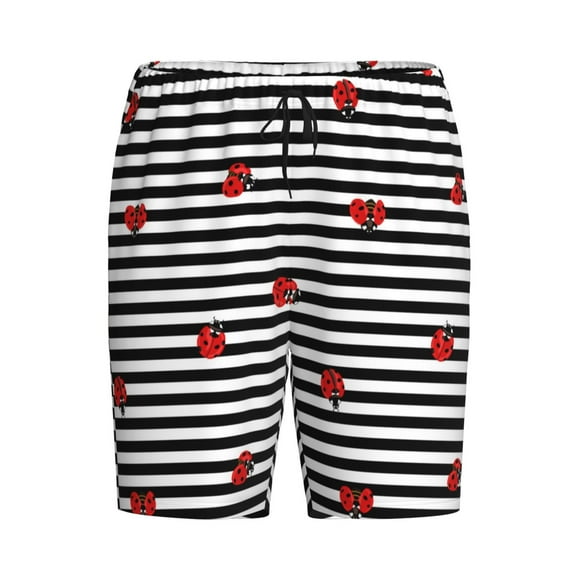 Rocae Ladybugs on Black and White Striped for Men's Soft Sleep Pajama Shorts, Waistband and Pockets