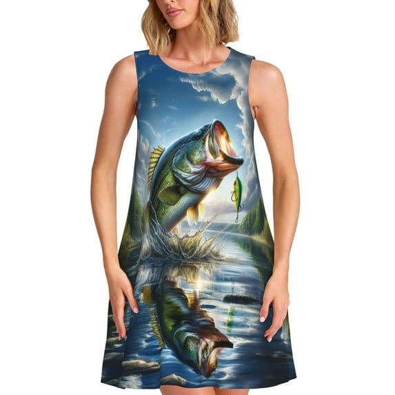 Rocae Largemouth Bass Jumping Out of The Water for Sleeveless Dresses Summer Casual Ruffle Sleeveless Cute Crew Neck Flowy Dress with Pockets