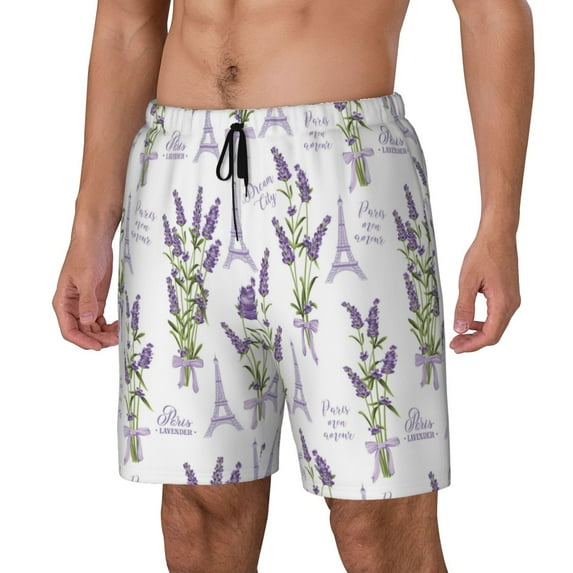 Rocae Lavender Flowers for Men's Swim Trunks Quick Dry With Two Side Pockets and One Lined Patch PocketX-Large