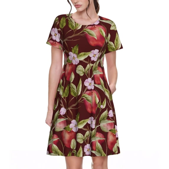 Rocae Leaf And Fruit for Dresses Summer Casual Ruffle Short Sleeve Cute Crew Neck Flowy Dress with Pockets