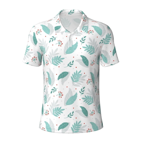 Rocae Leaf Print Green for Men's Short Sleeve Polo Shirt, Quick Drying Performance Moisture Wicking Sports Men's Golf Shirt Large