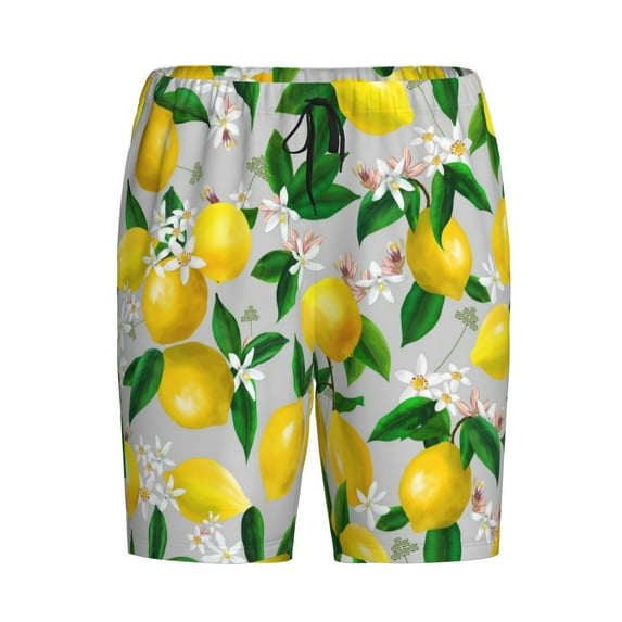Rocae Lemon Seamless Pattern Oil Painting Effect for Men's Soft Sleep Pajama Shorts, Waistband and Pockets