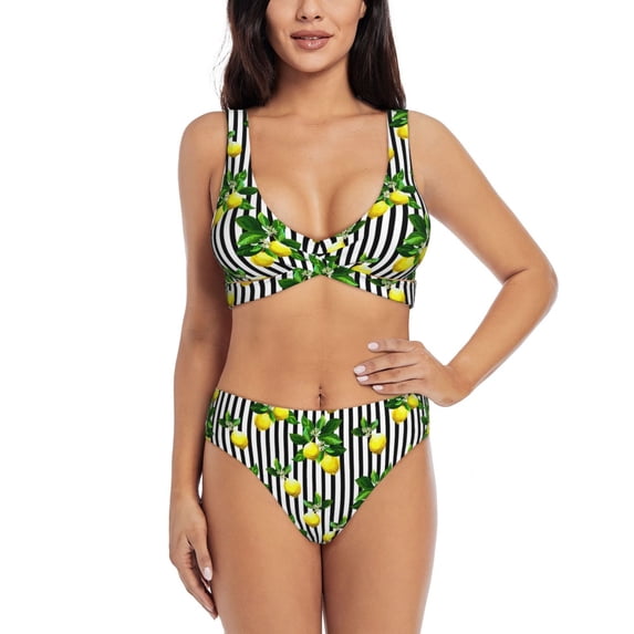Rocae Lemons on Striped for Bikini Set for Women Two Piece Sexy High Swimsuits Split Crossover Bikini Medium