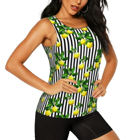 Rocae Lemons on Striped for Women's Workout Tank Top Lightweight Sleeveless Fit Tops- Moisture-Wicking, BreathableXX-Large