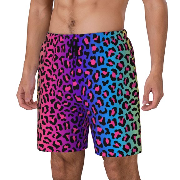 Rocae Leopard Neon Rainbow Gradient for Men's Swim Trunks Quick Dry With Two Side Pockets and One Lined Patch PocketMedium