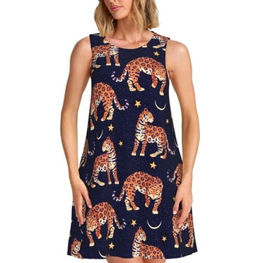Rocae Leopard Print for Sleeveless Dresses Summer Casual Ruffle Sleeveless Cute Crew Neck Flowy Dress with Pockets