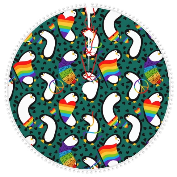 Rocae Lgbt Penguin for Christmas Tree Skirt with Pom Pom Trim for Holiday Party for Holiday Home Decor Indoor Outdoor-30"