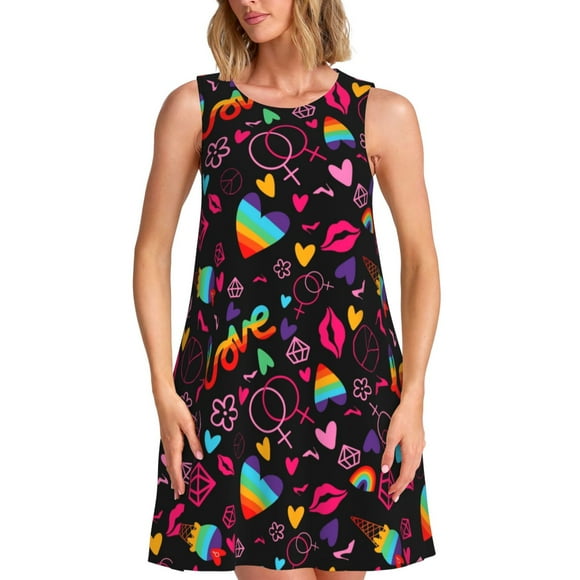 Rocae Lgbt Rainbow For Pride for Sleeveless Dresses Summer Casual Ruffle Sleeveless Cute Crew Neck Flowy Dress with Pockets