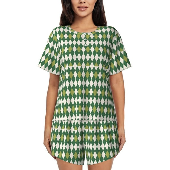 Rocae Light Green Squares for Two Piece Sleepwear Pajamas Sets for Women Soft Short-Sleeved Pjs with Lounge Shorts Small