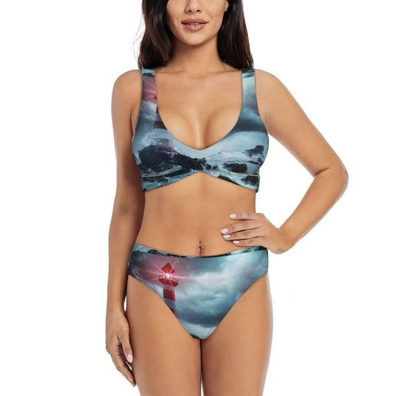 Rocae Lighthouse in a Stormy Sea for Bikini Set for Women Two Piece Sexy High Swimsuits Split Crossover Bikini Medium