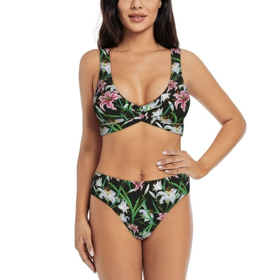 Rocae Lilies Flowers for Bikini Set for Women Two Piece Sexy High Swimsuits Split Crossover Bikini Large