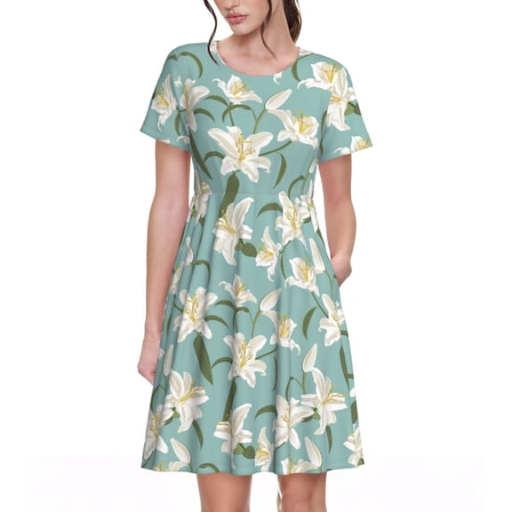 Rocae Lilies Flowers for Dresses Summer Casual Ruffle Short Sleeve Cute Crew Neck Flowy Dress with Pockets