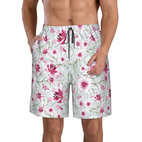 Rocae Lilies Flowers for Men's Beach Shorts Casual Elastic Waist Drawstring Summer Beach Shorts,S-3XL-Small