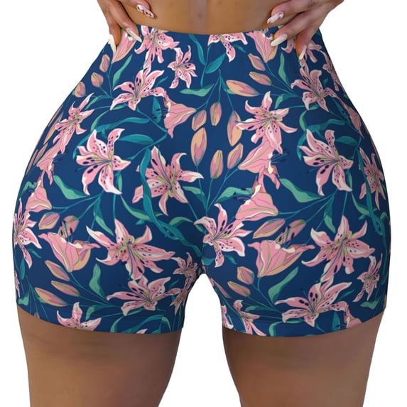 Rocae Lilies Flowers for Women's Quick-Dry Running Shorts,Ladies Active Athletic Apparel Yoga Workout Gym Running Volleyball Spandex Shorts Small