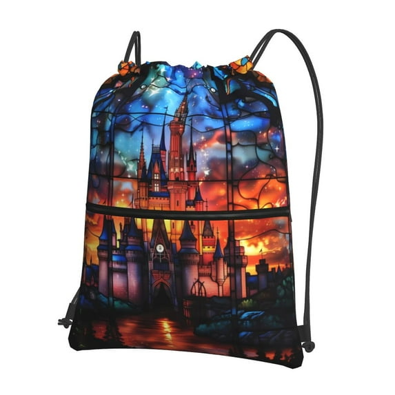 Rocae Magical Stained Glass Castle for Drawstring zipper Backpack Gym Backpack Bag for Men and Women