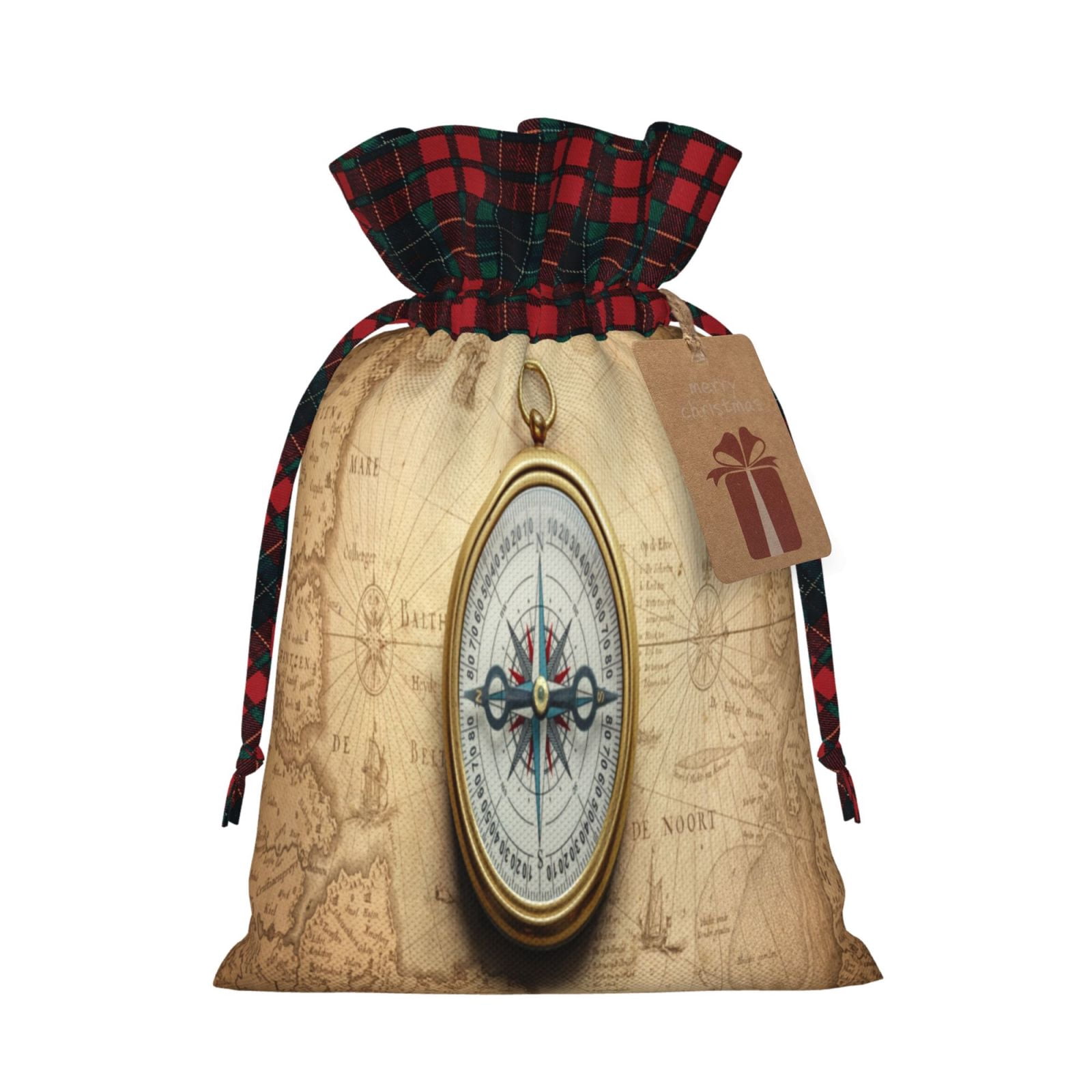 Rocae Magnetic Old Compass On World Map Print Christmas Drawstring ...