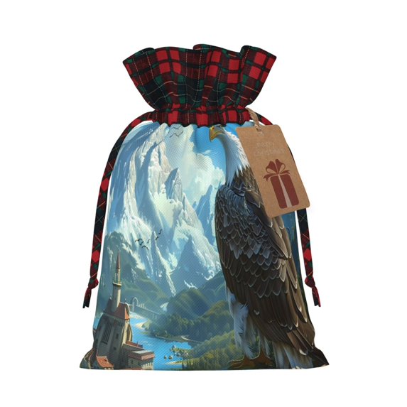 Rocae Majestic Eagle Over Castle Print Christmas Drawstring Linen Gift Bag with Drawstrings Treat Bag Goody Present Bags for Christmas Party Favor