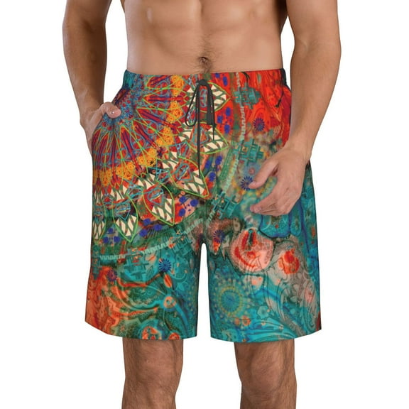 Rocae Mandala Colorful for Men's Beach Shorts Casual Elastic Waist Drawstring Summer Beach Shorts,S-3XL-Medium