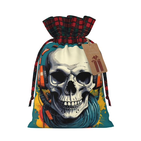 Rocae Modern Hip-Hop Skull Print Christmas Drawstring Linen Gift Bag with Drawstrings Treat Bag Goody Present Bags for Christmas Party Favor
