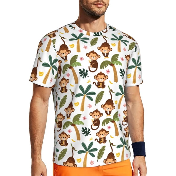 Rocae Monkeys Swinging from Palms for Men's Mesh Quick-Dry Short Sleeve Workout T-Shirt,Mens Crew Neck Tee Lightweight Soft Classic T Shirts XX-Large