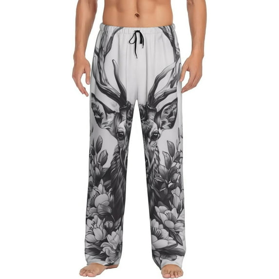 Rocae Monochrome Deer Floral Mens Pajama Pants Pj Pants Mens Lounge Pants-Medium