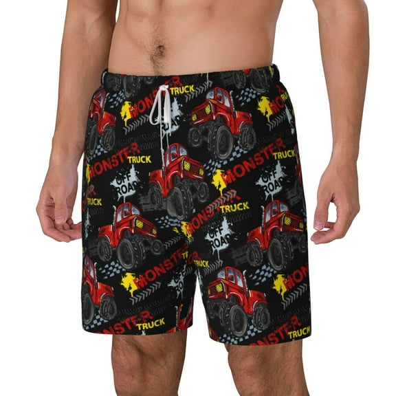 Rocae Monster Truck for Men's Swim Trunks Quick Dry With Two Side Pockets and One Lined Patch PocketLarge
